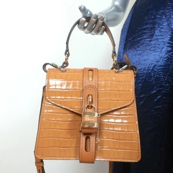 Chloe Small Aby Day Bag Autumnal Brown Croc-Embossed Leather Crossbody Tote NEW - Picture 2 of 12